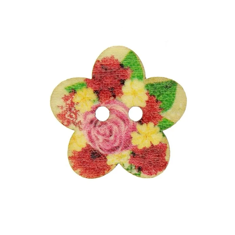 Tube 20 boutons 25 mm fleur en bois imprimé rose Tube 20 boutons 25 mm fleur en bois imprimé rose