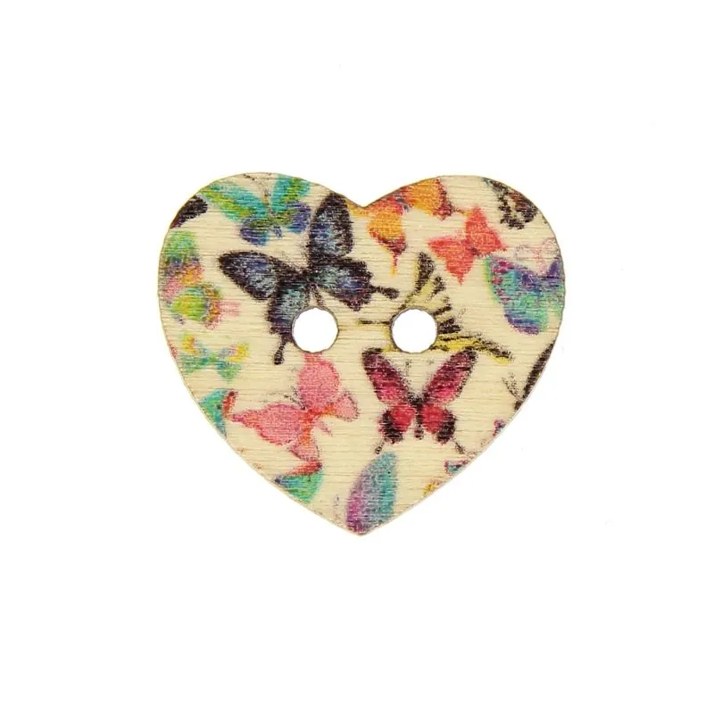 Tube 20 boutons 25 mm cœur en bois papillons Tube 20 boutons 25 mm cœur en bois papillons