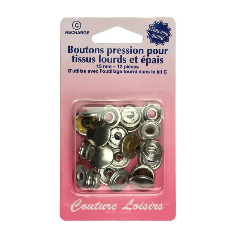 Boutons pressions tissus épais 15 mm col.Nickel
