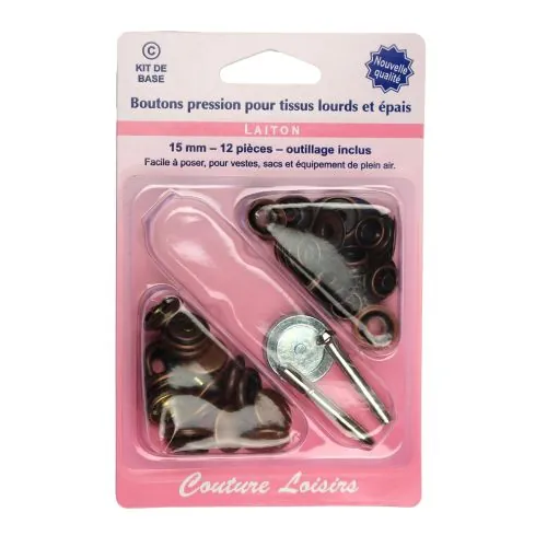 Bouton-pression : Tissu Ã©pais : Outil de pose inclus : 15 mm : Bronze : x8