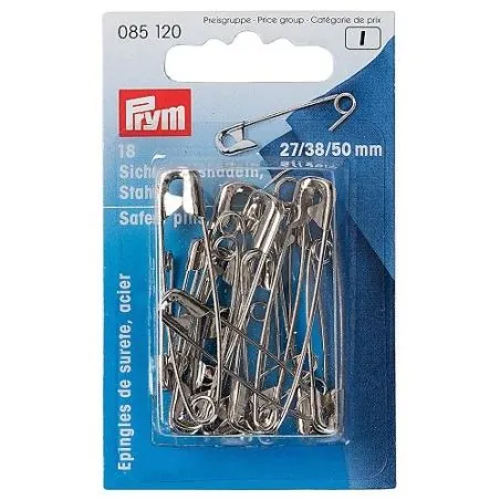 Epingle de sécurité : 27, 38, 50 mm : Nickel : Assortiment : x18 Epingle de sécurité : 27, 38, 50 mm : Nickel : Assortiment : x18