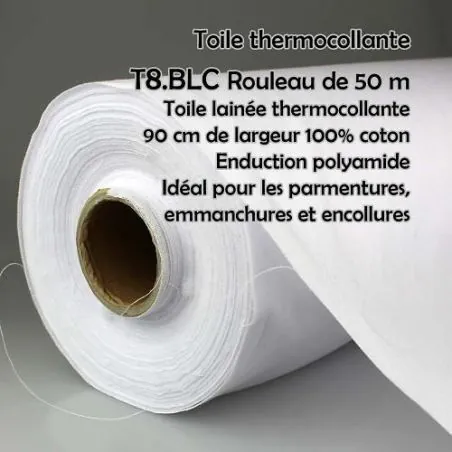 Rouleau tissus blanc 50 m tissé thermocollant 90 cm 100% coton