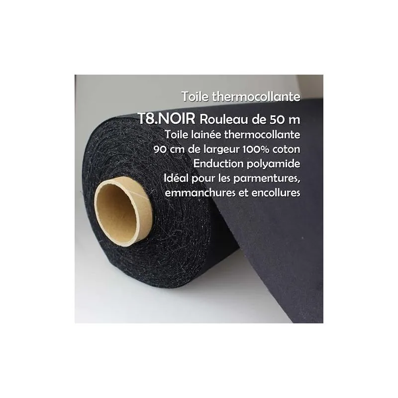 Rouleau Thermocollant tissus noir 50 m tissé thermocollant 90 cm 100% coton