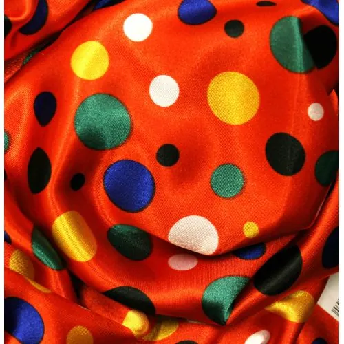 Tissu Satin polyester pois multicolores sur fond orange Tissu Satin polyester pois multicolores sur fond orange