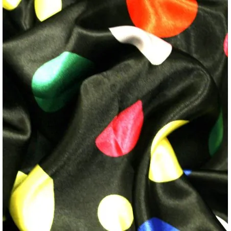 Tissu Satin polyester carnaval gros pois multicolores sur fond noir