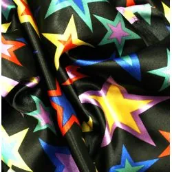Satin polyester étoiles multicolores sur fond noir
