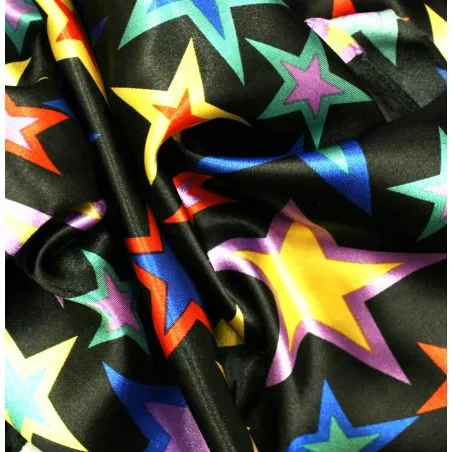 Tissu Satin polyester étoiles multicolores sur fond noir
