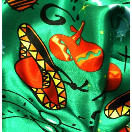 Tissu Satin polyester mexicains sur fond vert