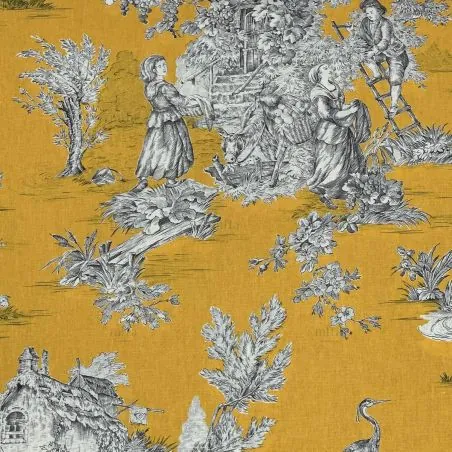 Tissu PASTORALE -JAUNE/GRIS BACHETTE 100%COTON