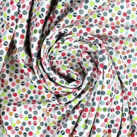 Tissu coton blanc imprimé boules de Noël - oeko tex