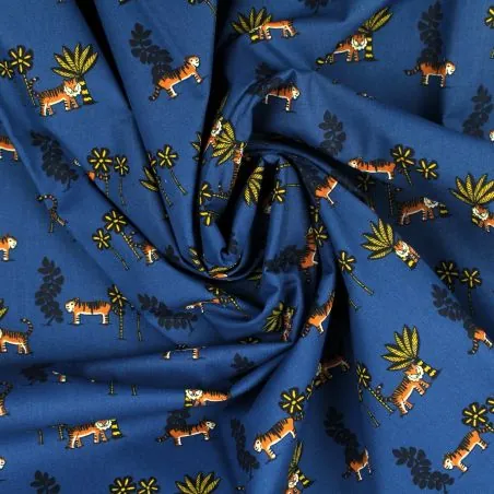 Tissu coton bleu roi imprimés tigres