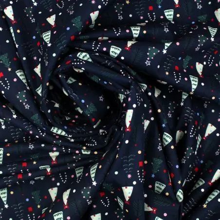 Tissu coton bleu nuit imprimé sapins de Noël- oeko tex
