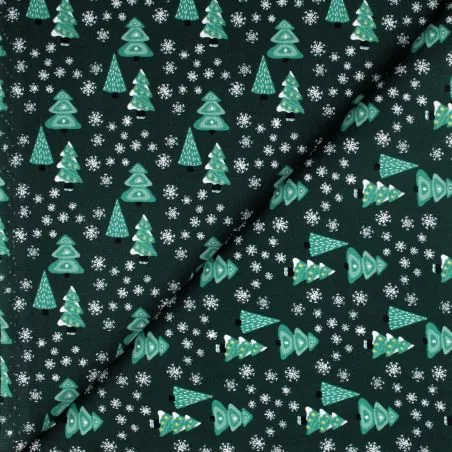 Tissu coton vert bouteille imprimé sapins de Noël- oeko tex Tissu coton vert bouteille imprimé sapins de Noël- oeko tex