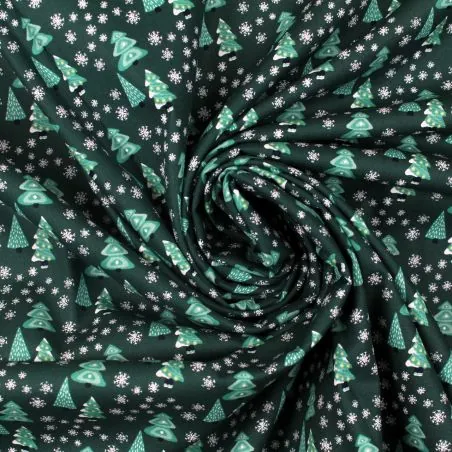 Tissu coton vert bouteille imprimé sapins de Noël- oeko tex