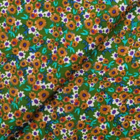 Tissu coton vert kaki imprimés fleuris