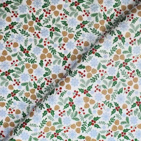 Tissu coton blanc imprimé feuillages de Noël - oeko tex