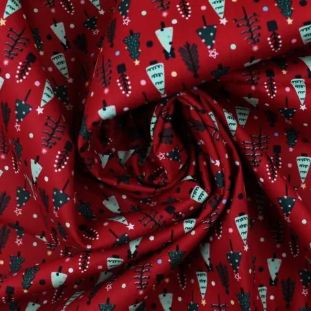 Tissu coton rouge imprimé sapin de Noël - oeko tex