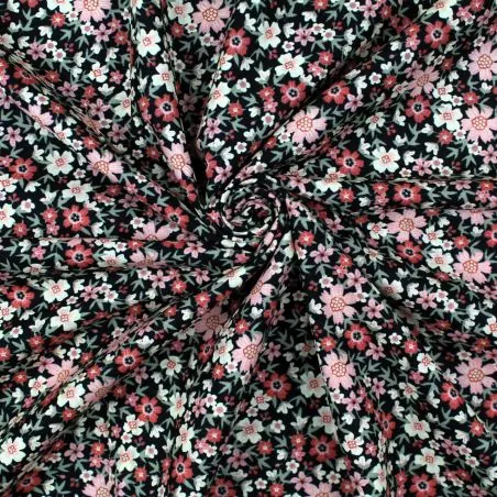 Tissu popeline de coton noir imprimé fleuri