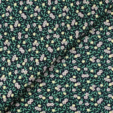 Tissu coton noir imprimé fleurs rose Tissu coton noir imprimé fleurs rose
