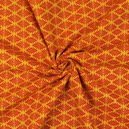 Tissu coton orange imprimé géométrique rouge