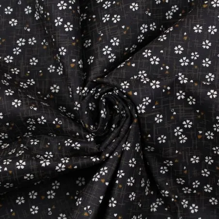 Tissu coton marron foncé imprimé géométrique et fleurs