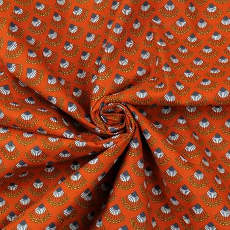 Tissu coton orange imprimé éventail