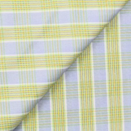 Tissu coton chemise blanc à rayures jaune, vert et bleu