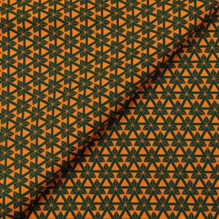Tissu coton orange imprimé géométrique vert