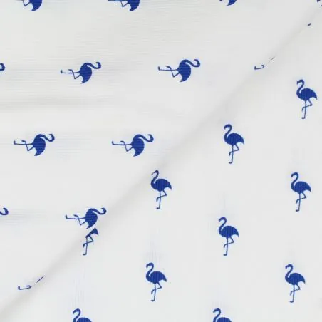 Tissu coton blanc milleraie imprimé flamant bleu roi