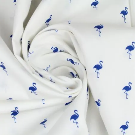 Tissu coton blanc milleraie imprimé flamant bleu roi