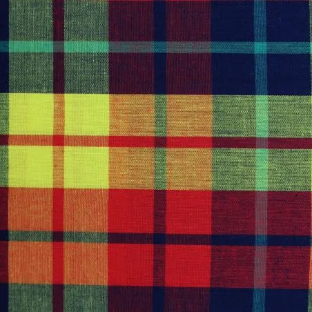 Tissu coton madras rouge, jaune, bleu marine et orange