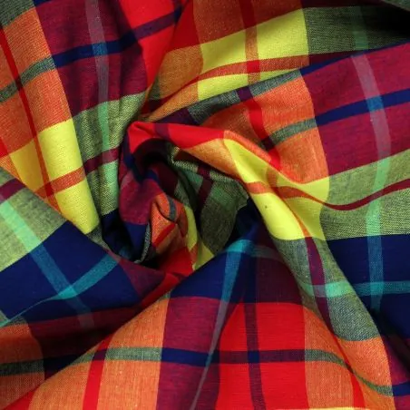 Tissu coton madras rouge, jaune, bleu marine et orange