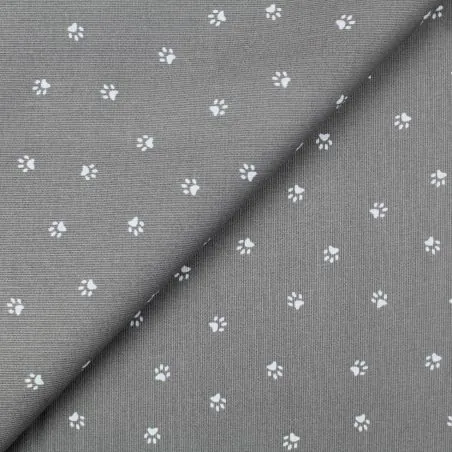 Tissu coton gris milleraie imprimé pattes de chien blanc