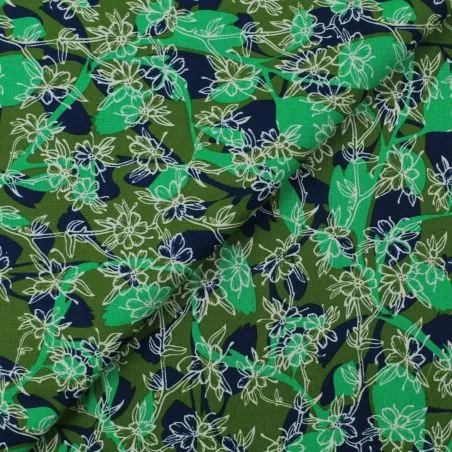 Tissu popeline de coton vert militaire imprimé fleuri