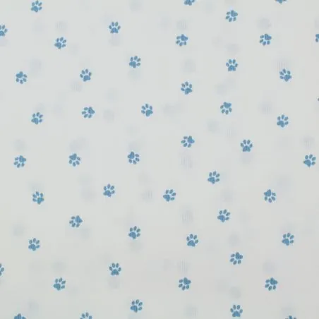 Tissu coton blanc milleraie imprimé pattes de chien bleu ciel
