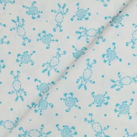 Tissu coton blanc milleraie imprimé lapin bleu