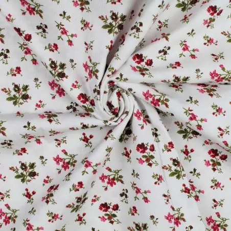 Tissu coton blanc milleraie imprimé fleuri rose