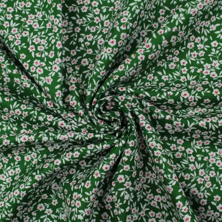 Tissu popeline de coton vert imprimé fleuri blanc
