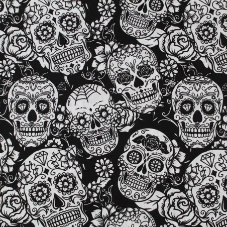 Tissu coton noir imprimé tête de mort fleuri mexicain