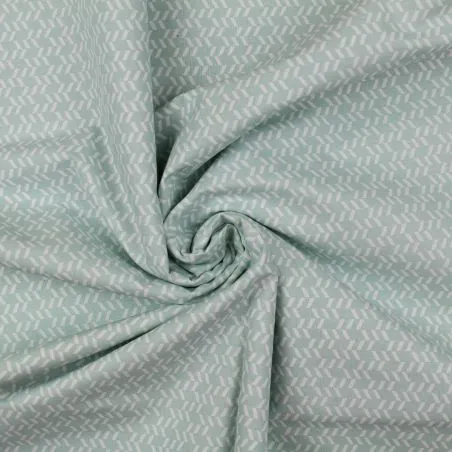 Tissu coton blanc imprimé géométrique vert d'eau