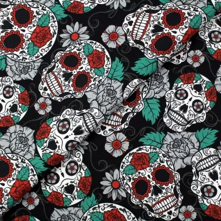 Tissu coton noir imprimé tête de mort fleuri mexicain