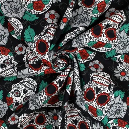Tissu coton noir imprimé tête de mort fleuri mexicain Tissu coton noir imprimé tête de mort fleuri mexicain