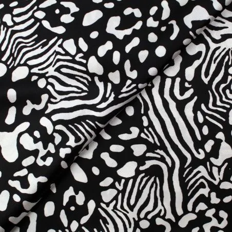 Tissu satin de soie noir imprimé abstrait blanc - Made in Italy
