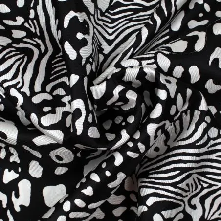 Tissu satin de soie noir imprimé abstrait blanc - Made in Italy