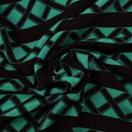 Tissu satin de soie noir imprimé géométrique turquoise