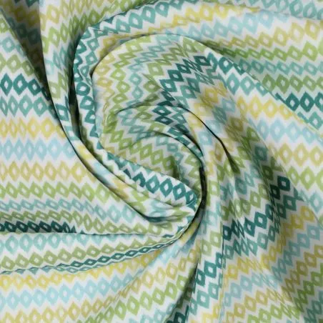 Tissu coton blanc imprimé losange vert, bleu et jaune