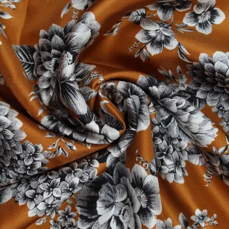 Tissu satin de soie abricot imprimé fleuri - Made in Italy