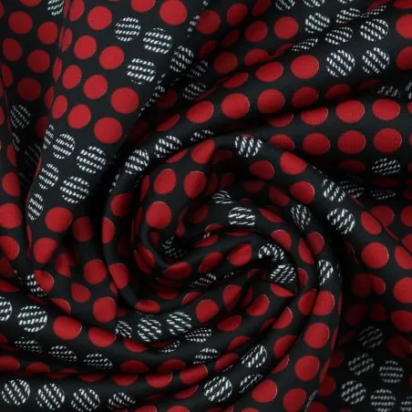 Tissus couture polyester noir imprimé rond rouge et motifs pied de poule Tissus couture polyester noir imprimé rond rouge et motifs pied de poule