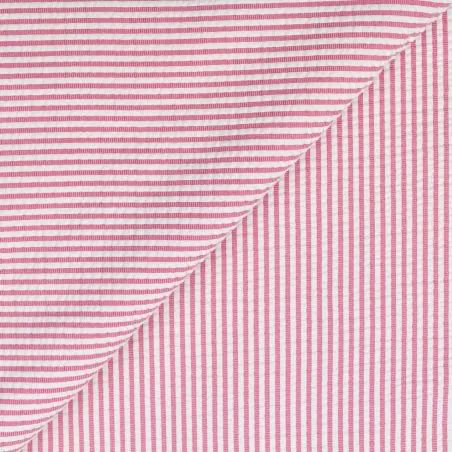 Tissu poly-coton blanc plissé rayures roses