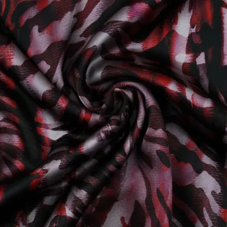 Tissu satin de soie noir imprimé zébré rouge et noir - Made in Italy